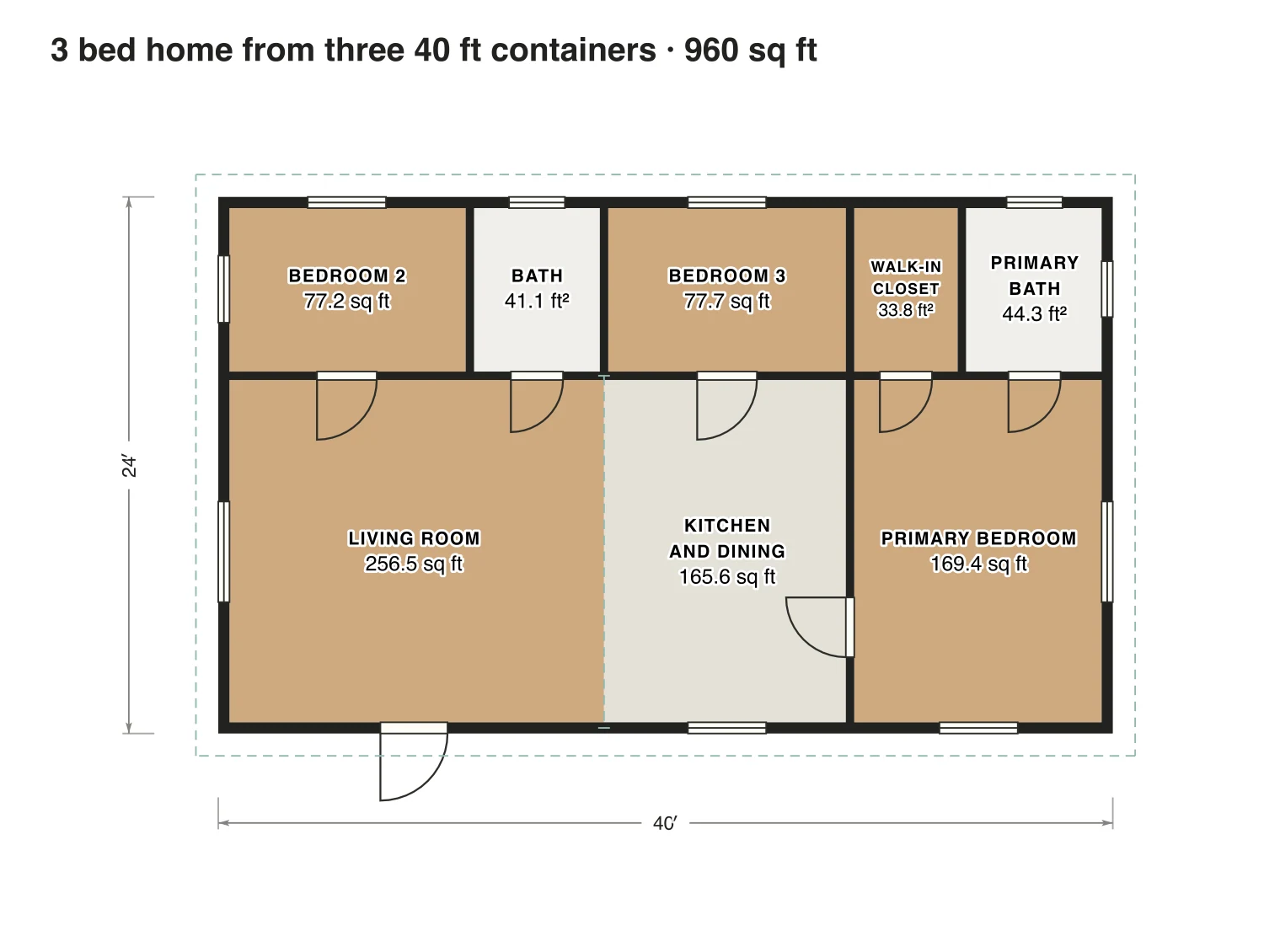 3 bed home from three 40 ft containers floor plan: 960 sq ft (89 m²) finished, 3 bed, 2 bath · one floor, drawn to scale with every room labeled.