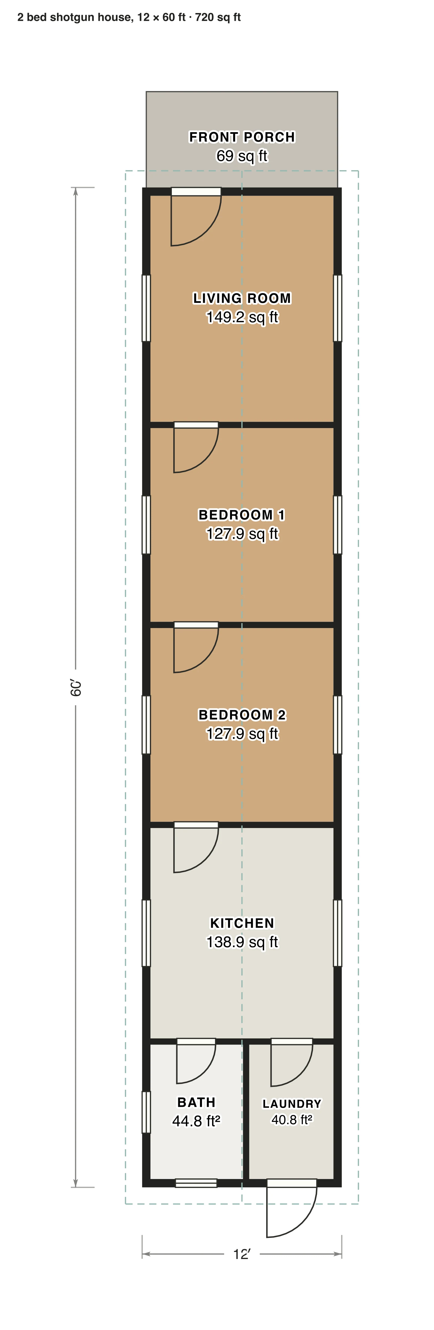 2 bed shotgun house, 12 × 60 ft floor plan: 720 sq ft (67 m²) finished, 2 bed, 1 bath · one floor, drawn to scale with every room labeled.