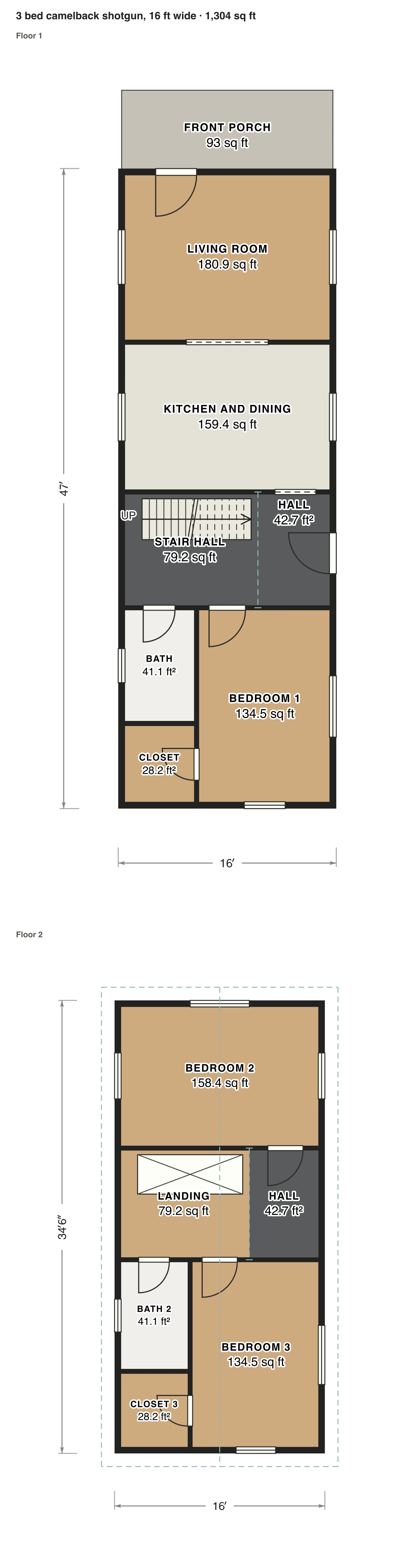 3 bed camelback shotgun, 16 ft wide floor plan: 1,304 sq ft (121 m²) finished, 3 bed, 2 bath · 2 floors, drawn to scale with every room labeled.