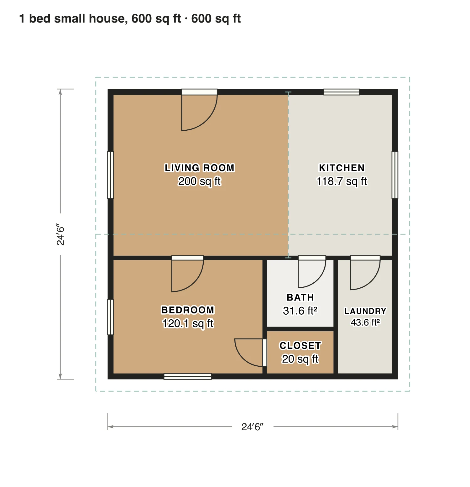 1 bed small house, 600 sq ft floor plan: 600 sq ft (56 m²) finished, 1 bed, 1 bath · one floor, drawn to scale with every room labeled.
