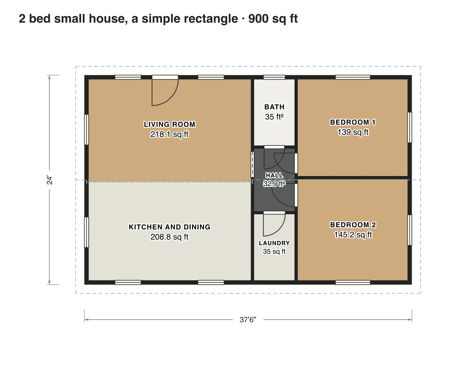 2 bed small house, a simple rectangle floor plan: 900 sq ft (84 m²) finished, 2 bed, 1 bath · one floor, drawn to scale with every room labeled.