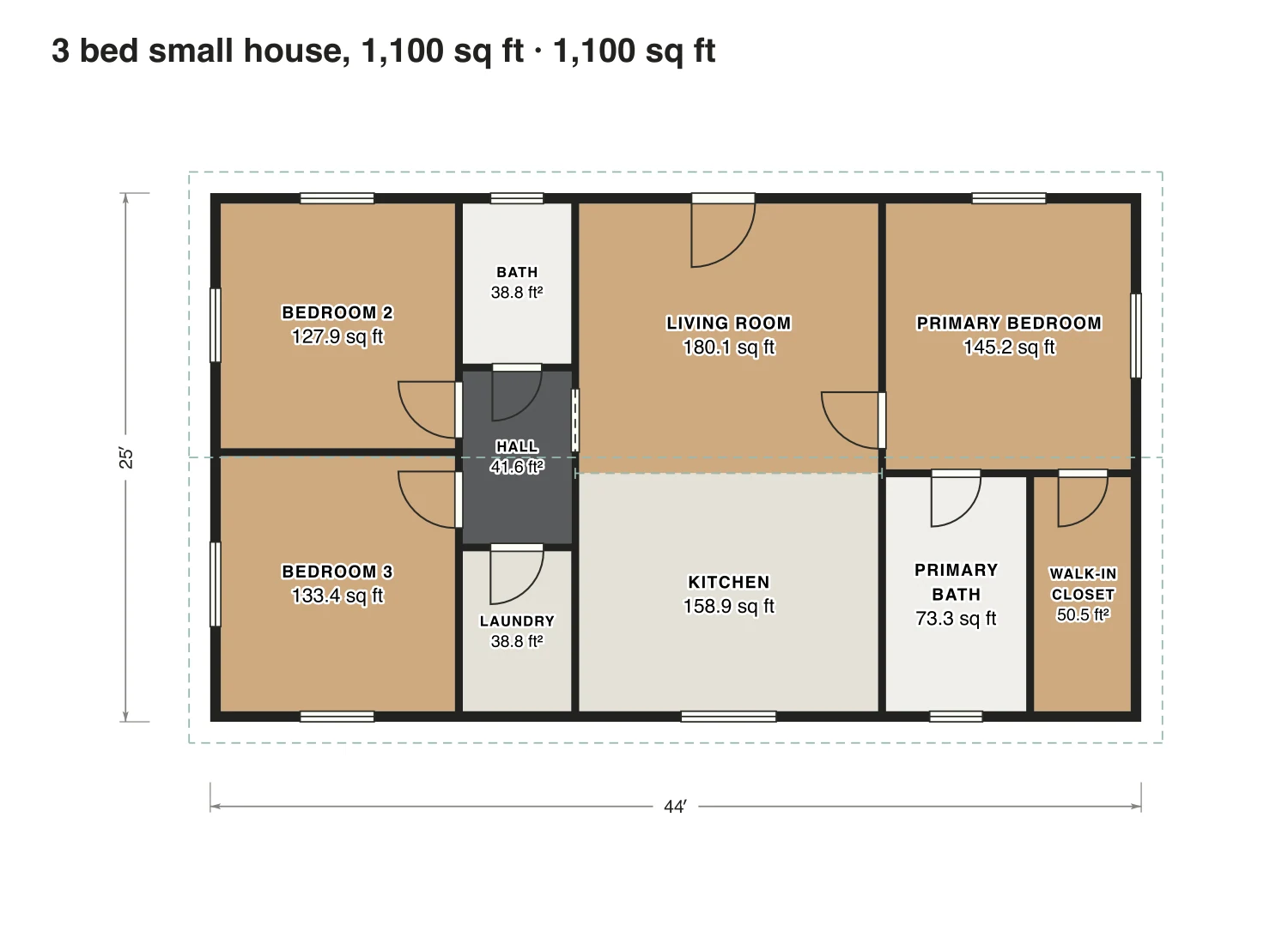3 bed small house, 1,100 sq ft floor plan: 1,100 sq ft (102 m²) finished, 3 bed, 2 bath · one floor, drawn to scale with every room labeled.