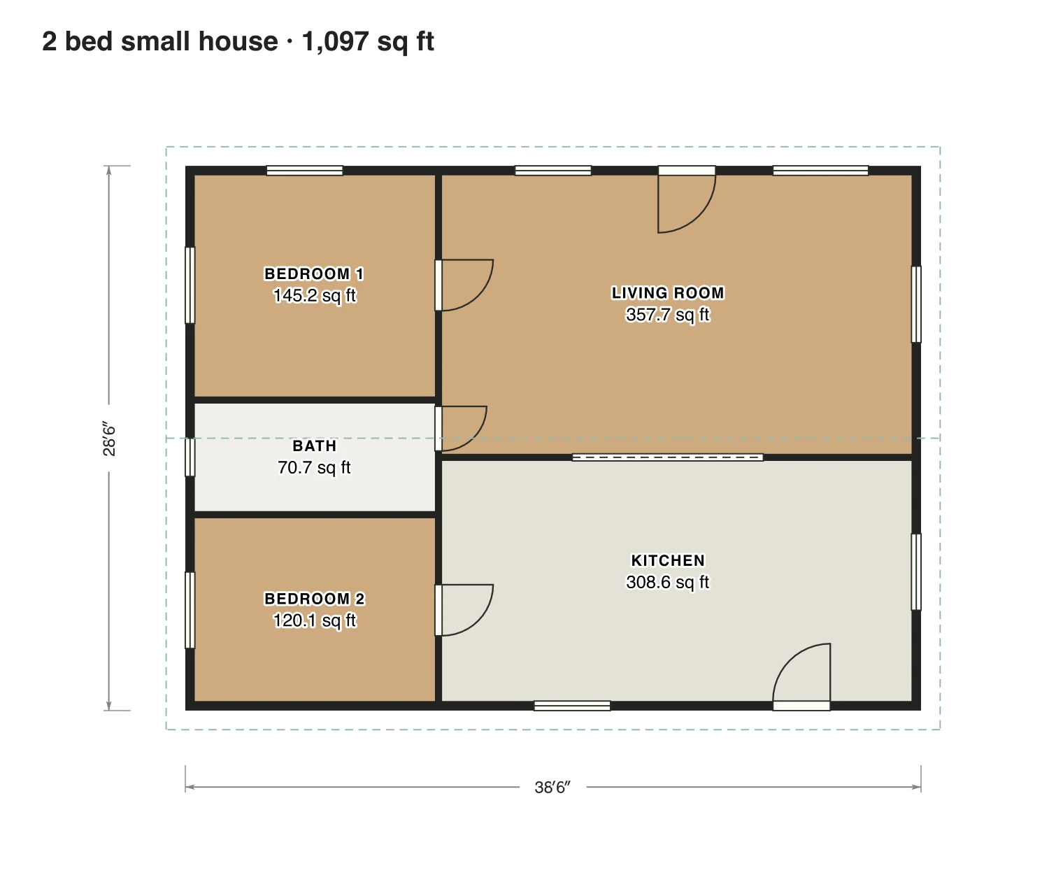 2 bed small house floor plan: 1,097 sq ft (102 m²) finished, 2 bed, 1 bath · one floor, drawn to scale with every room labeled.