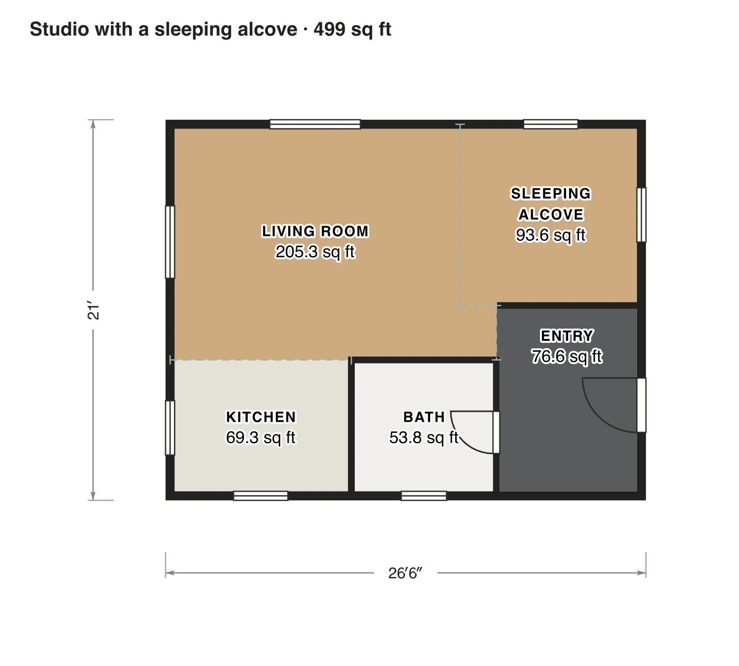 Studio with a sleeping alcove floor plan: 499 sq ft (46 m²) inside the walls, studio, 1 bath · one floor, drawn to scale with every room labeled.