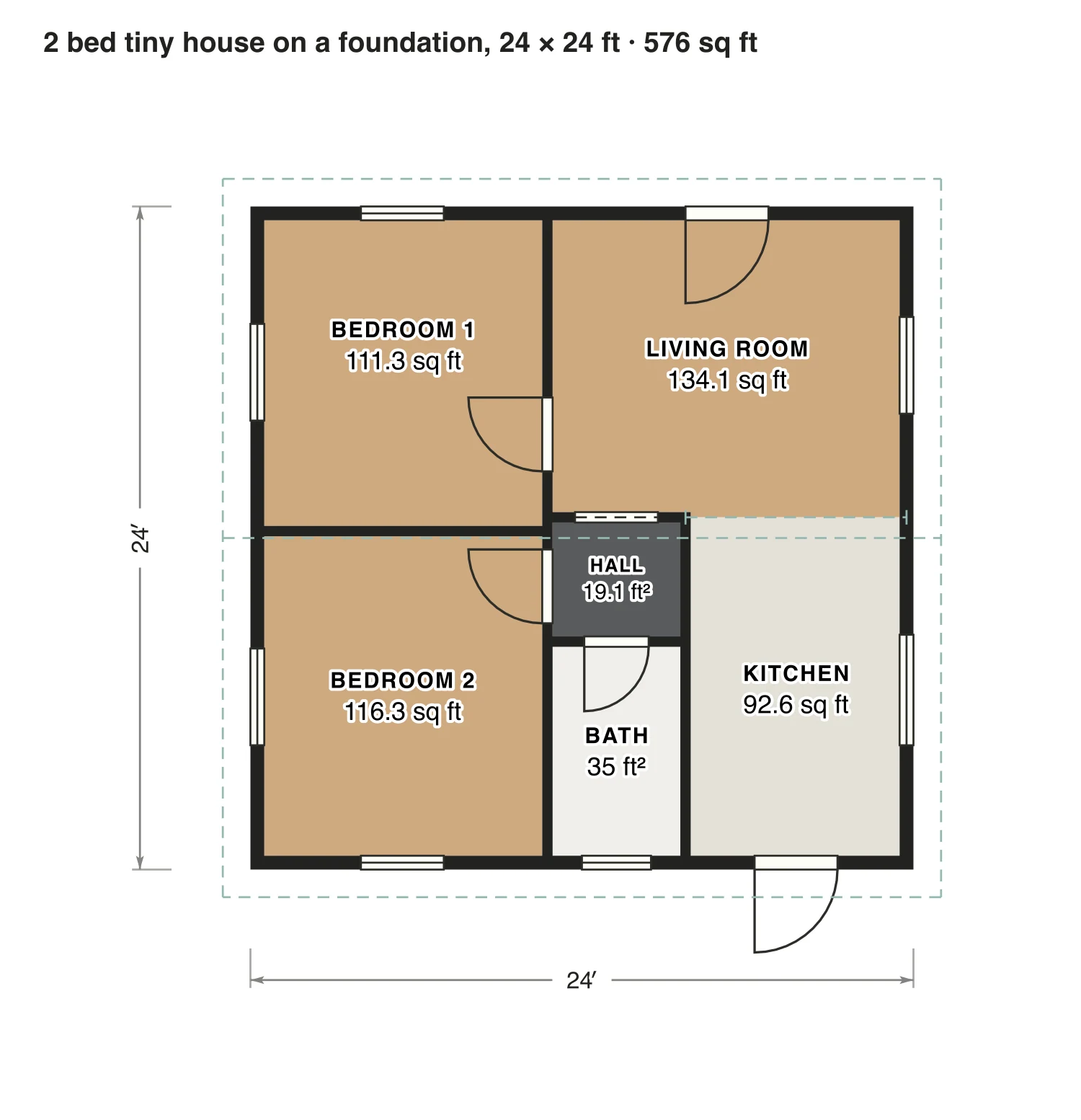 2 bed tiny house on a foundation, 24 × 24 ft floor plan: 576 sq ft (54 m²) finished, 2 bed, 1 bath · one floor, drawn to scale with every room labeled.