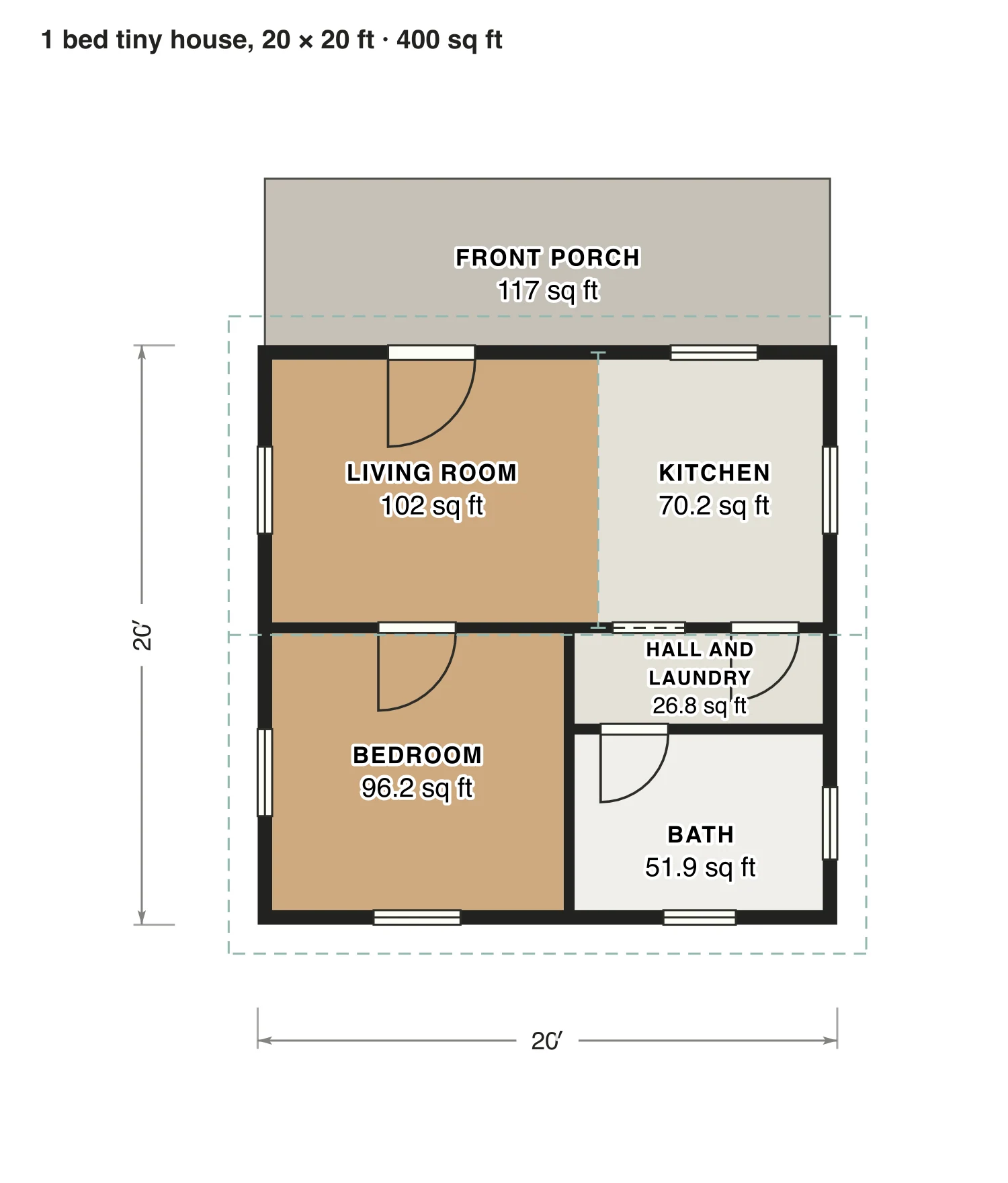 1 bed tiny house, 20 × 20 ft floor plan: 400 sq ft (37 m²) finished, 1 bed, 1 bath · one floor, drawn to scale with every room labeled.