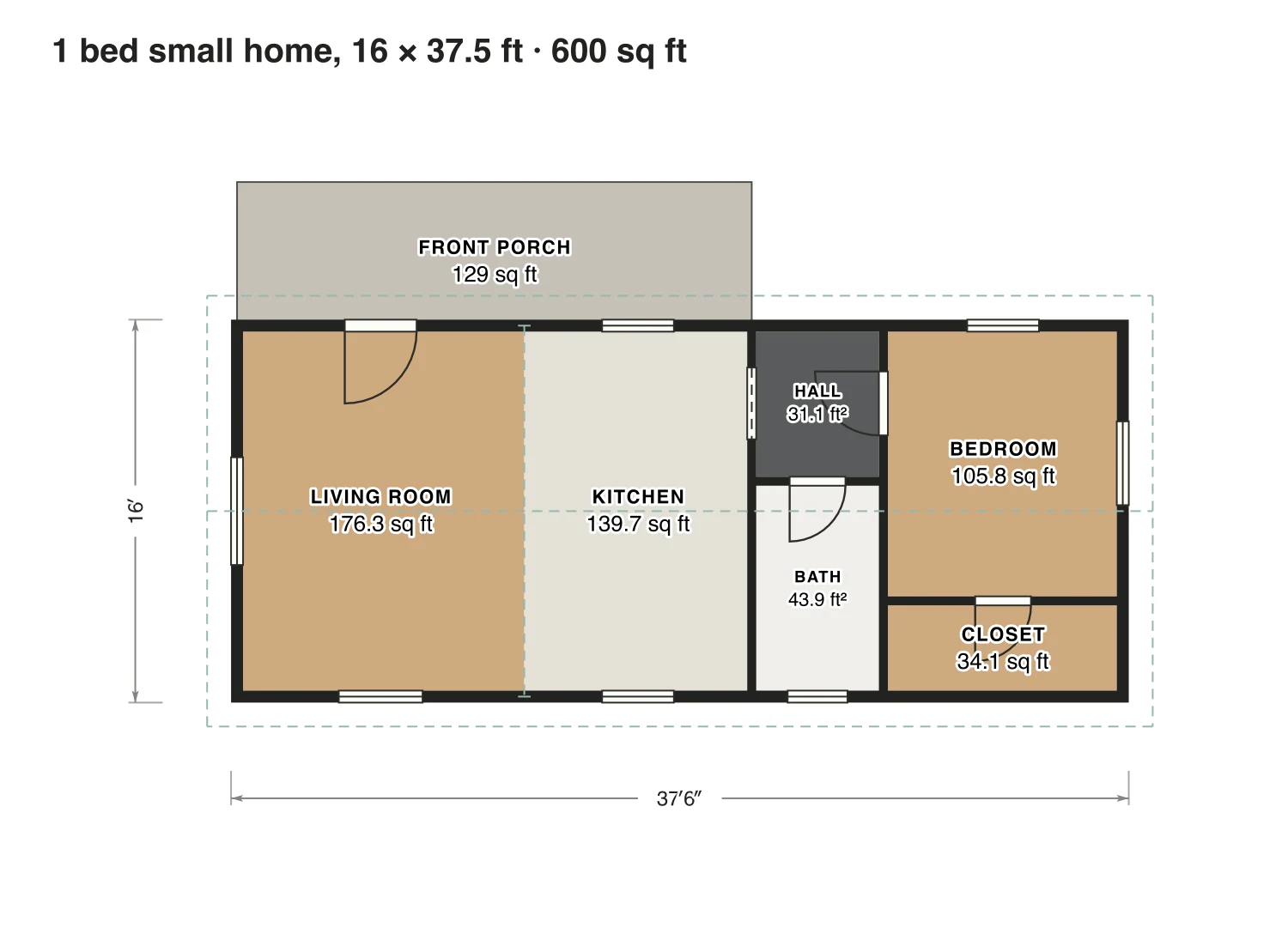 1 bed small home, 16 × 37.5 ft floor plan: 600 sq ft (56 m²) finished, 1 bed, 1 bath · one floor, drawn to scale with every room labeled.
