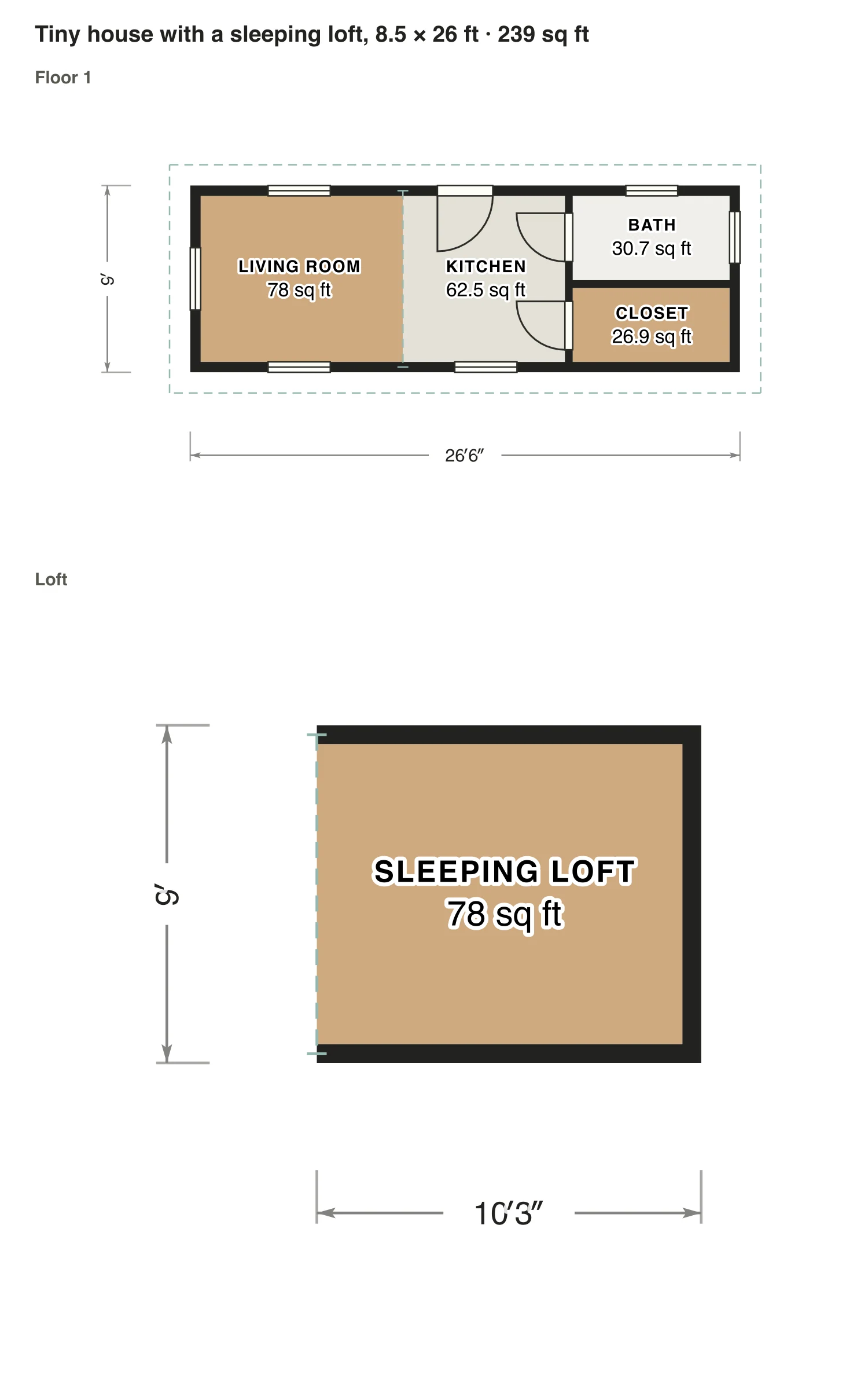 Tiny house with a sleeping loft, 8.5 × 26 ft floor plan: 239 sq ft (22 m²) finished, 1 bed, 1 bath · 2 floors, drawn to scale with every room labeled.