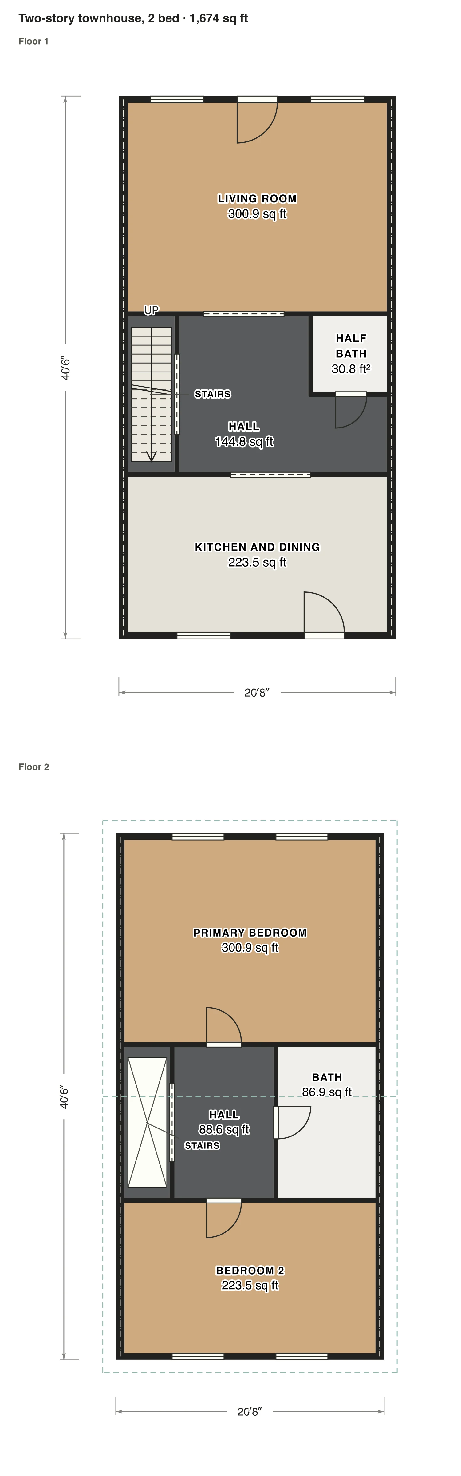 Two-story townhouse, 2 bed floor plan: 1,674 sq ft (156 m²) finished, 2 bed, 1.5 bath · 2 floors, drawn to scale with every room labeled.
