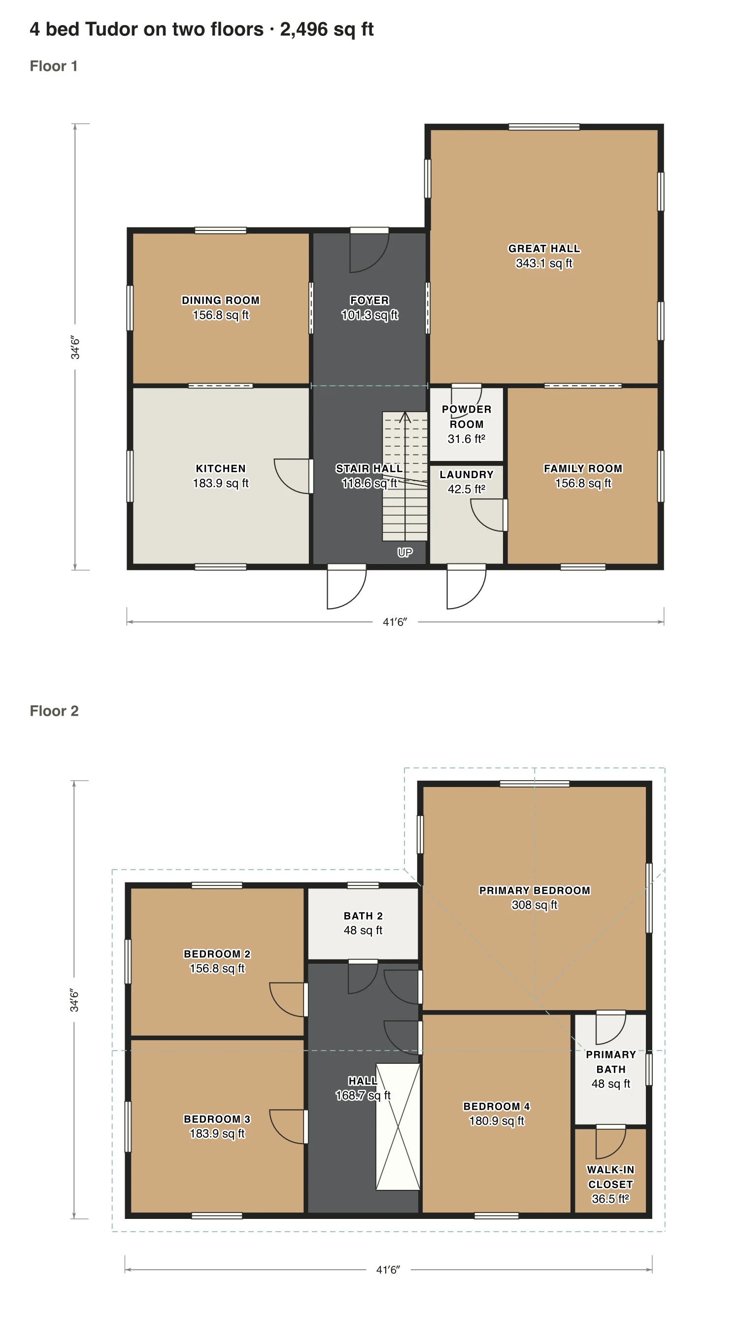 4 bed Tudor on two floors floor plan: 2,496 sq ft (232 m²) finished, 4 bed, 2.5 bath · 2 floors, drawn to scale with every room labeled.