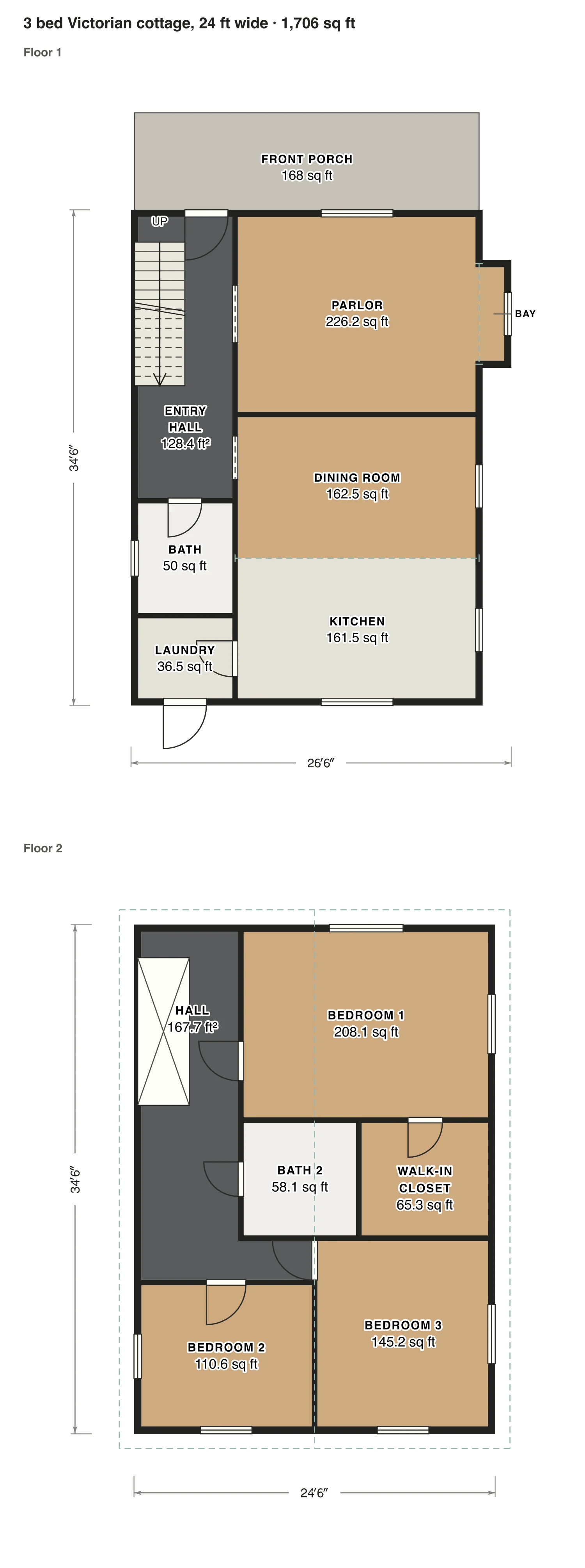 3 bed Victorian cottage, 24 ft wide floor plan: 1,706 sq ft (158 m²) finished, 3 bed, 2 bath · 2 floors, drawn to scale with every room labeled.