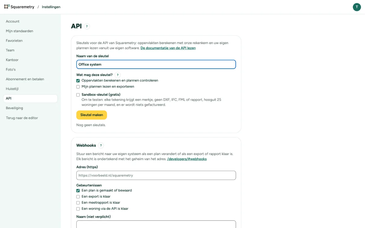 Instellingen, API, met de naam van een sleutel en wat hij mag.