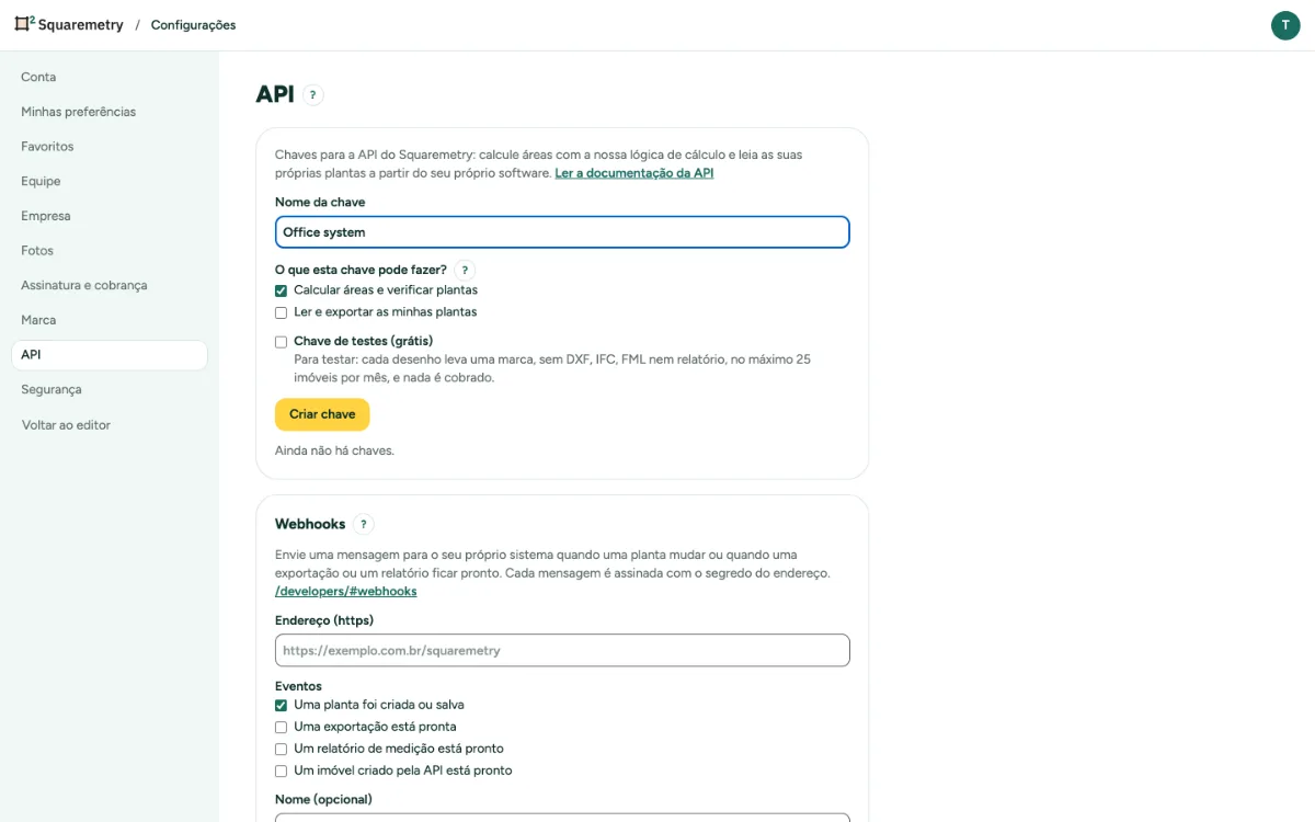 Configurações, API, com o nome de uma chave e o que ela pode fazer.