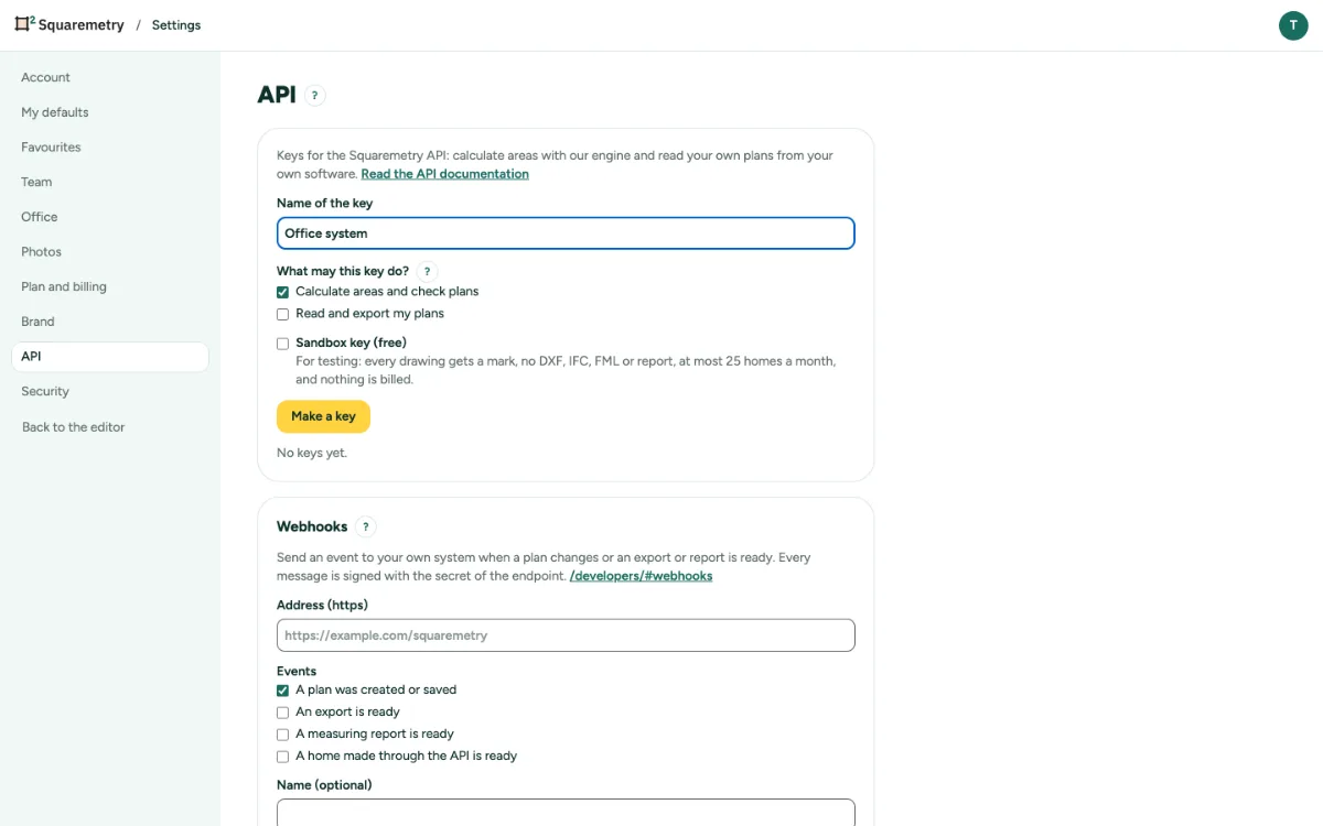 Settings, API, with the name of a key and what it may do.