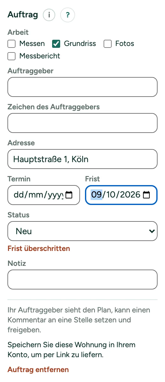 Ein Auftrag mit Arbeit, Adresse, Frist und Status.