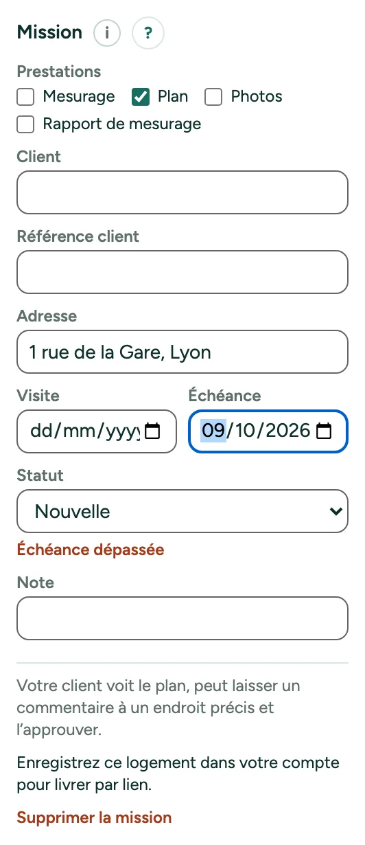 Une mission avec le travail, l’adresse, l’échéance et le statut.