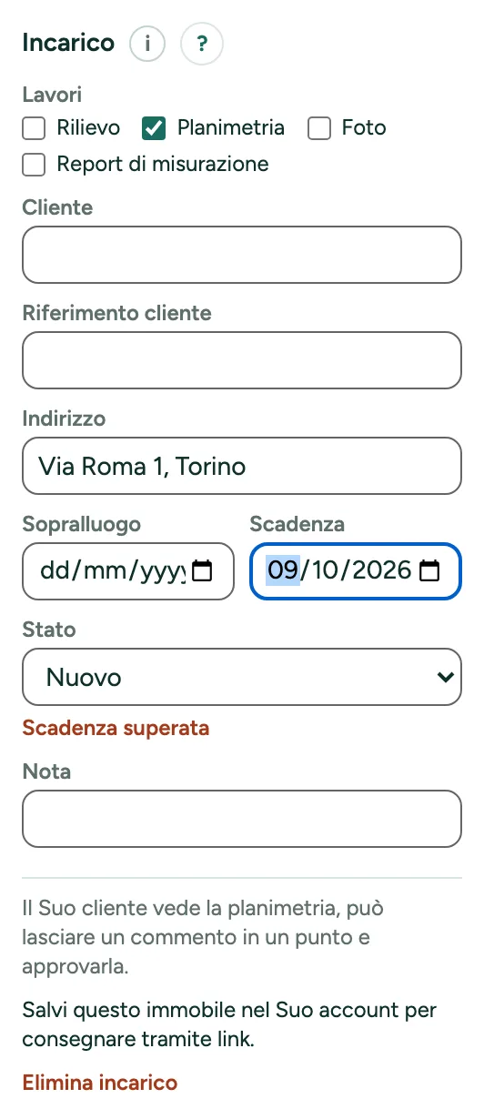 Un incarico con il lavoro, l’indirizzo, la scadenza e lo stato.