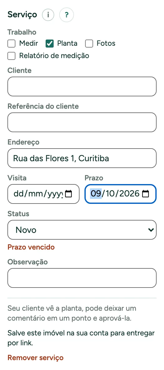 Um serviço com o trabalho, o endereço, o prazo e o status.