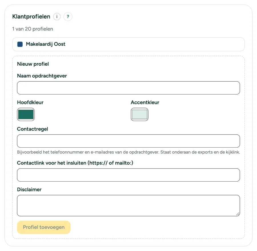 De kaart Klantprofielen in Instellingen, Kantoor, met één profiel en het formulier voor een nieuw profiel.
