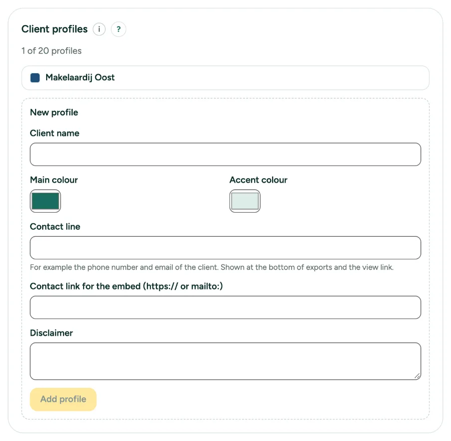 The Client profiles card in Settings, Office, with one profile and the form for a new one.