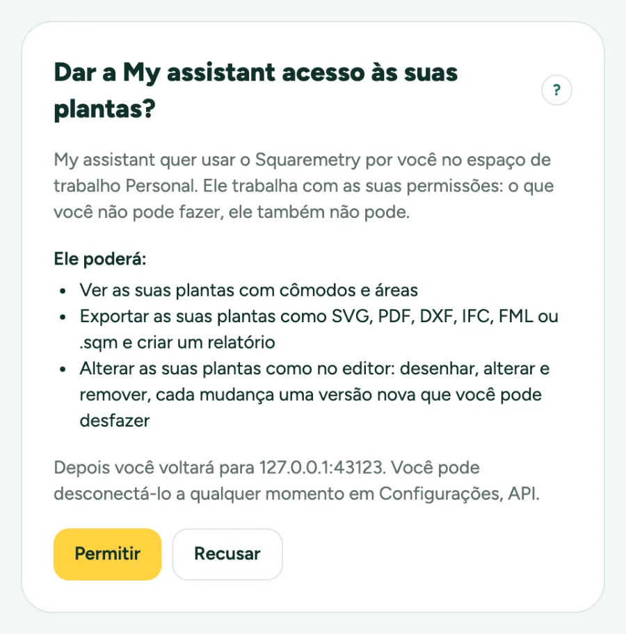 A página em que você permite um assistente de IA: quem pede, em qual espaço de trabalho e o que ele pode fazer.