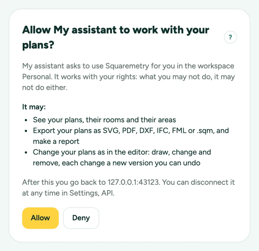 The page where you allow an AI assistant: who asks, in which workspace, and what it may do.