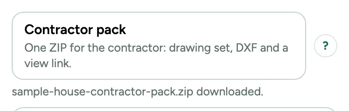 The Contractor pack button in the Export window, with what goes in the ZIP and the file it downloaded.