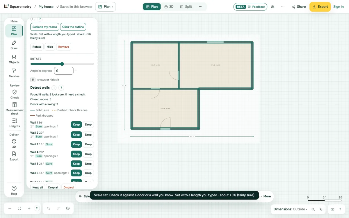 Detect walls: proposed walls over a traced plan, each with Keep or Drop.