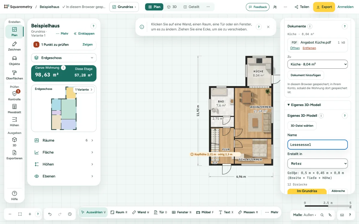 Der Bereich Interieur mit einem Angebot bei der Küche und einem eigenen 3D-Modell mit seiner Größe und seinem Namen.