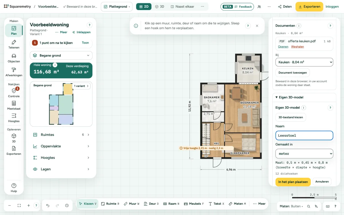 Het paneel Interieur met een offerte bij de keuken en een eigen 3D-model met zijn maat en naam.