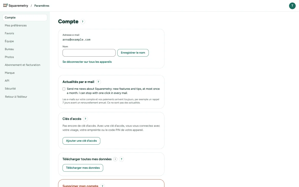 Paramètres, Compte, avec Télécharger mes données et Supprimer mon compte.