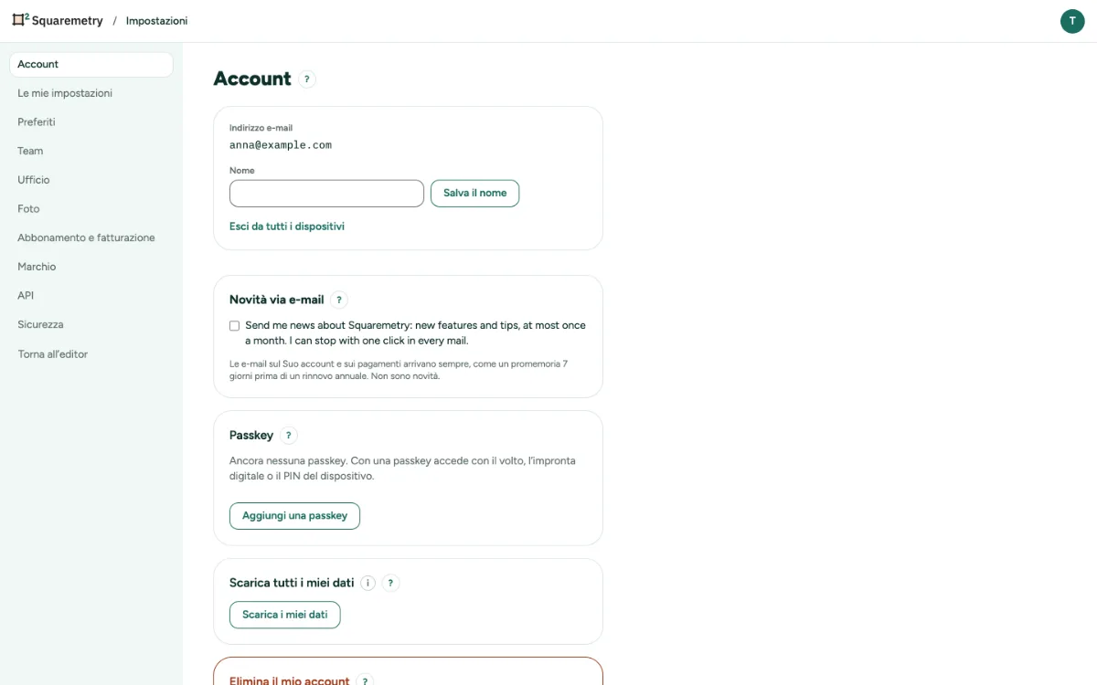 Impostazioni, Account, con Scarica i miei dati ed Elimina il mio account.