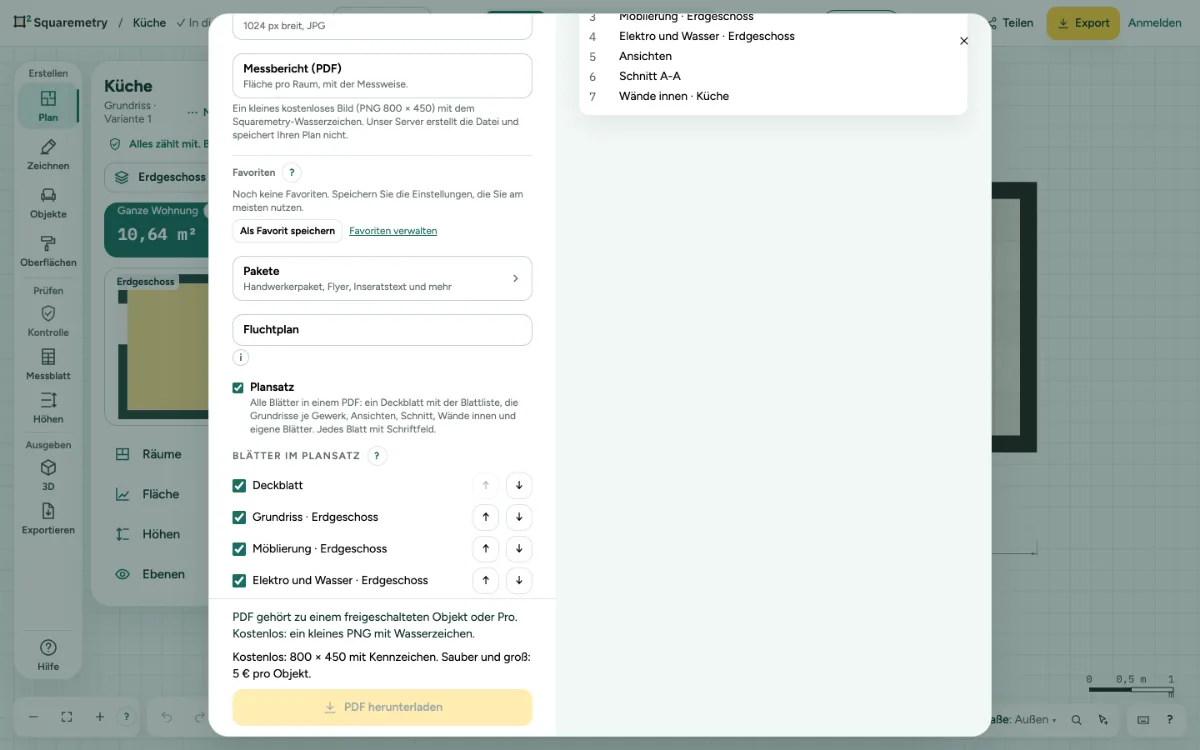Das Fenster Export mit Plansatz: die Liste der Blätter mit Pfeilen und die nummerierte Vorschau.