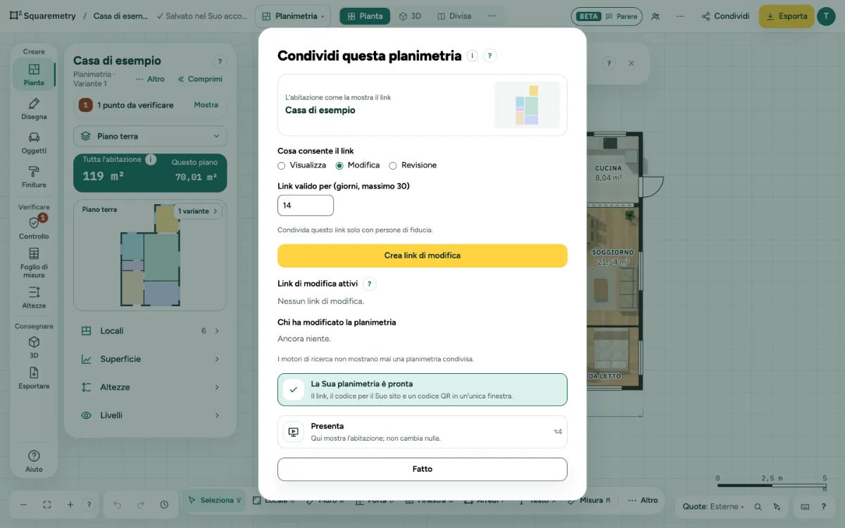 La finestra Condividi con Modifica scelto, per creare un link di modifica.