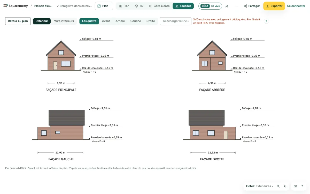 Les quatre façades de la maison d’exemple côte à côte, avec les niveaux, les cotes et le toit.