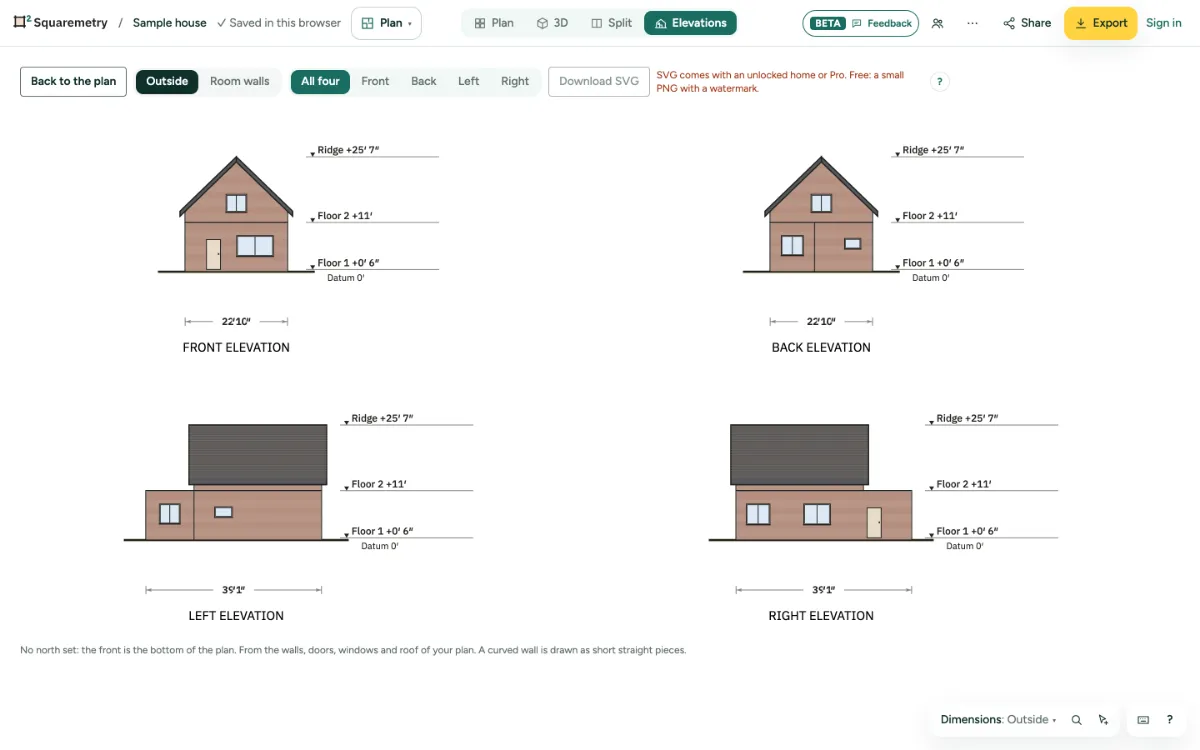 The four elevations of the sample house side by side, with levels, sizes and the roof.