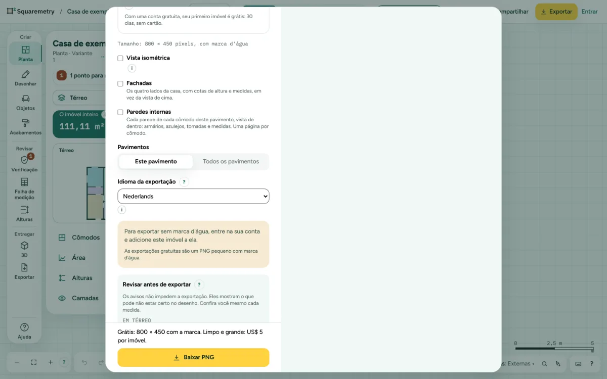 A janela Exportar com Idioma da exportação em Nederlands.