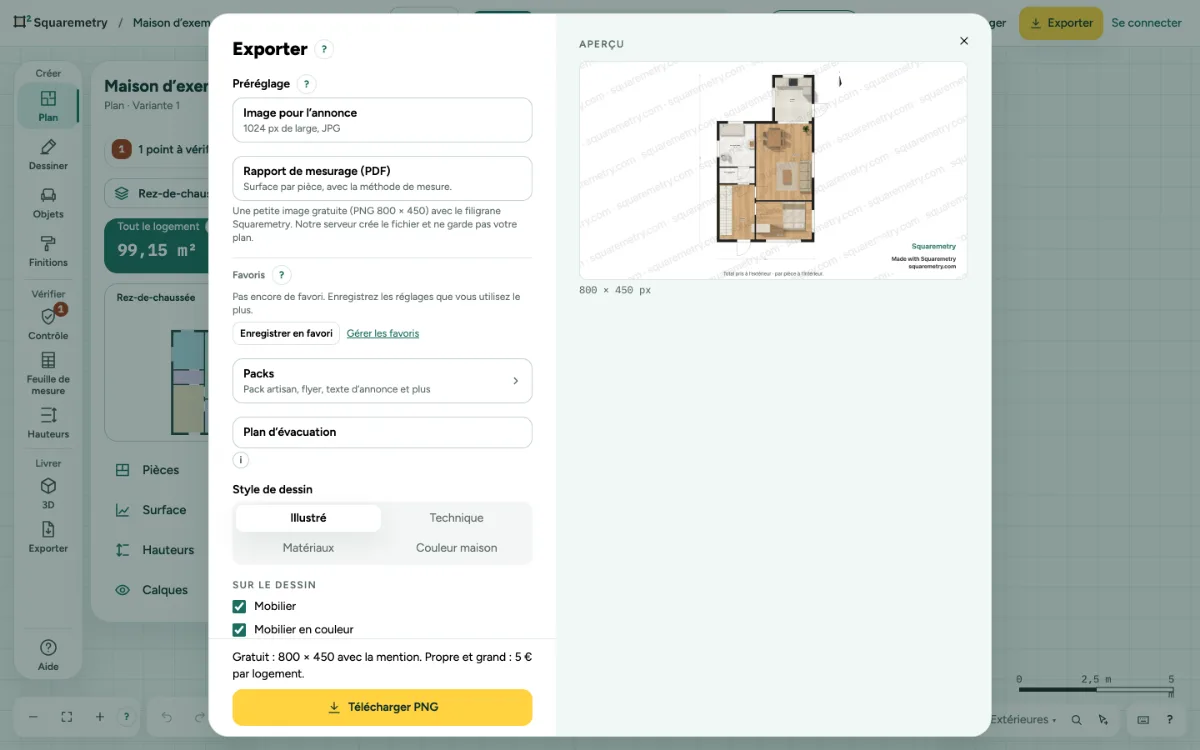 La fenêtre Exporter avec les formats, les options et un aperçu en direct des pages.