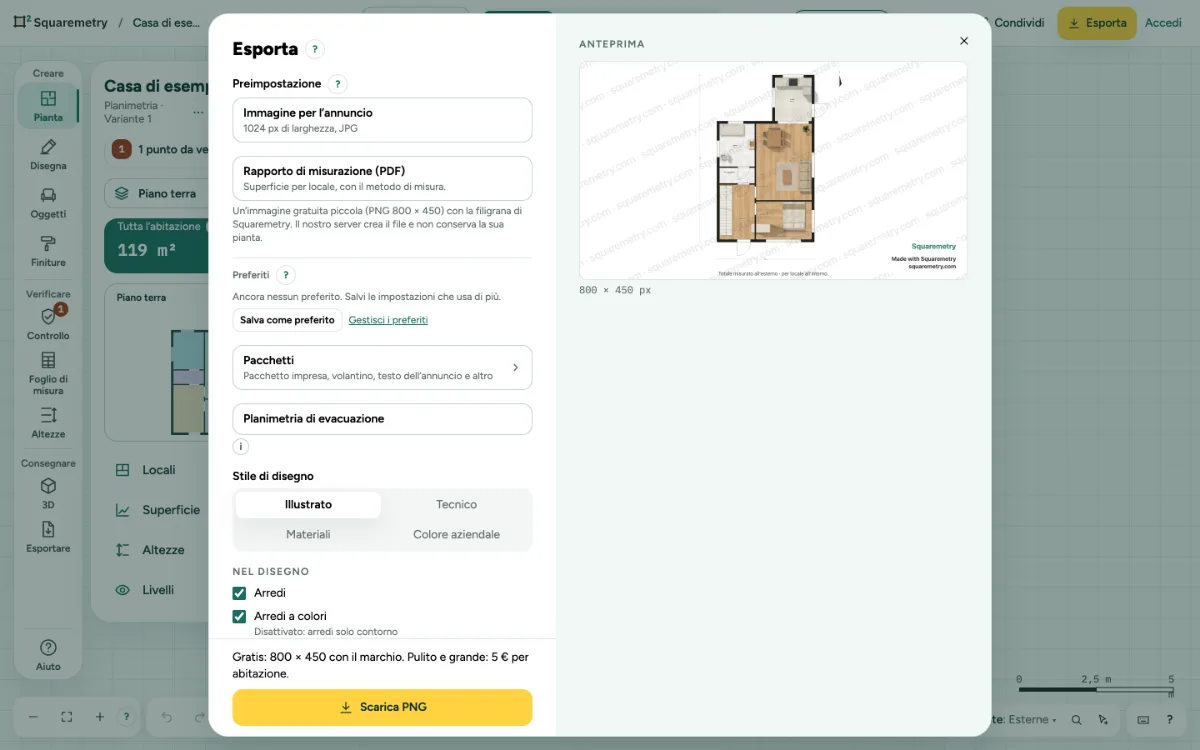 La finestra Esporta con i formati, le opzioni e un’anteprima dal vivo delle pagine.