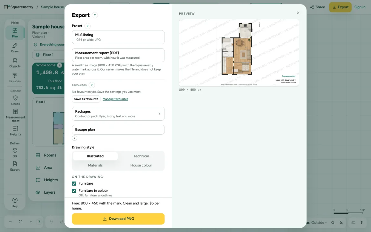 The Export window with the formats, options and a live preview of the pages.