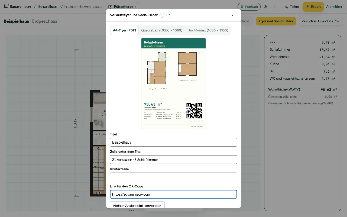 Das Fenster Verkaufsflyer und Social-Bilder mit der A4-Vorschau: Grundrisse, Fläche, Räume und QR-Code.