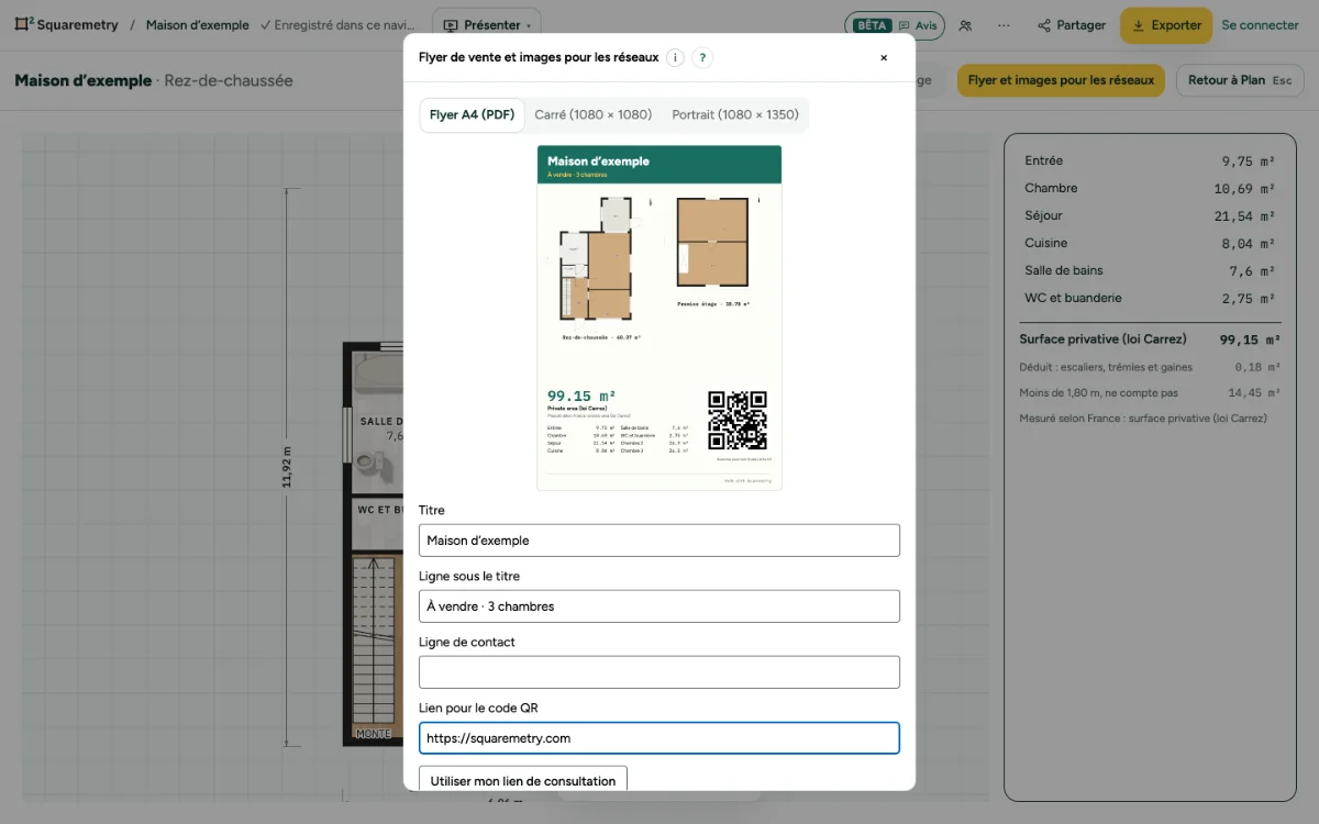 La fenêtre Flyer de vente et images pour les réseaux, avec l’aperçu A4 : plans, surface, pièces et code QR.