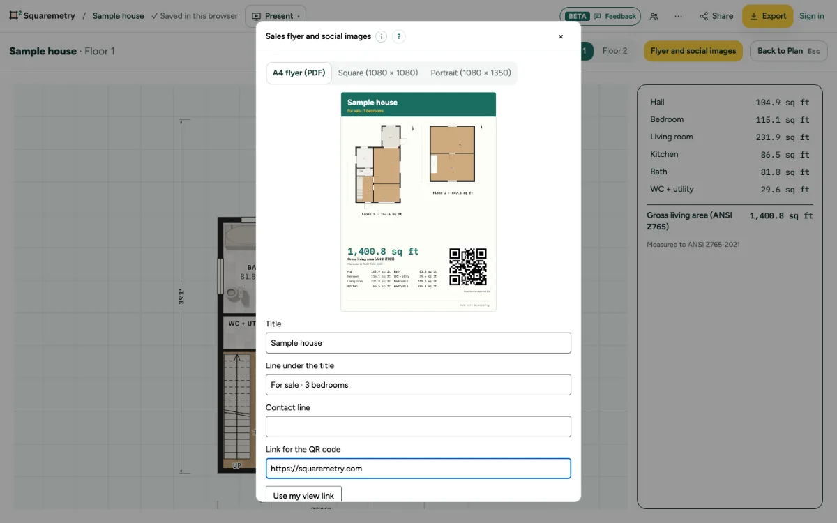The window Sales flyer and social images with the A4 preview: plans, area, rooms and QR code.