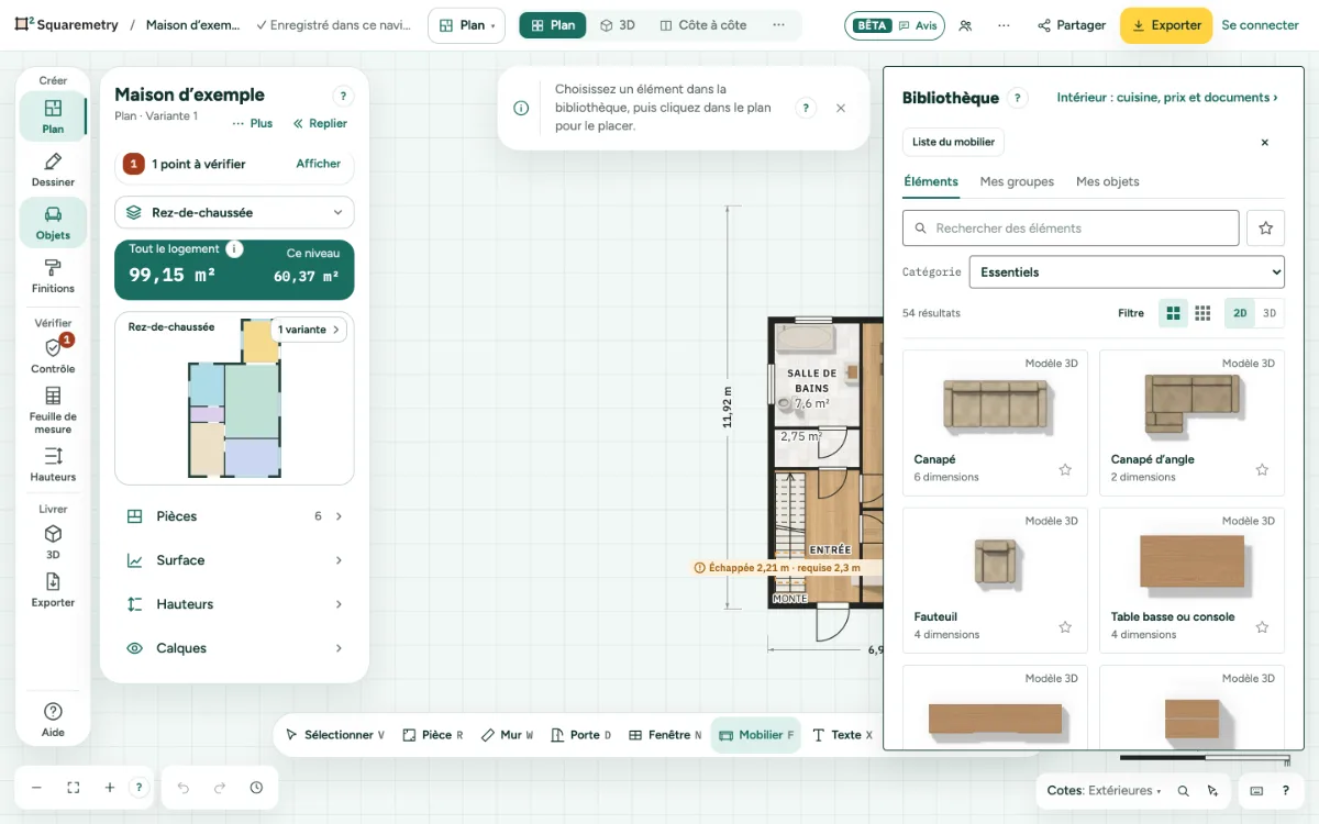 La bibliothèque de mobilier ouverte à côté du plan.