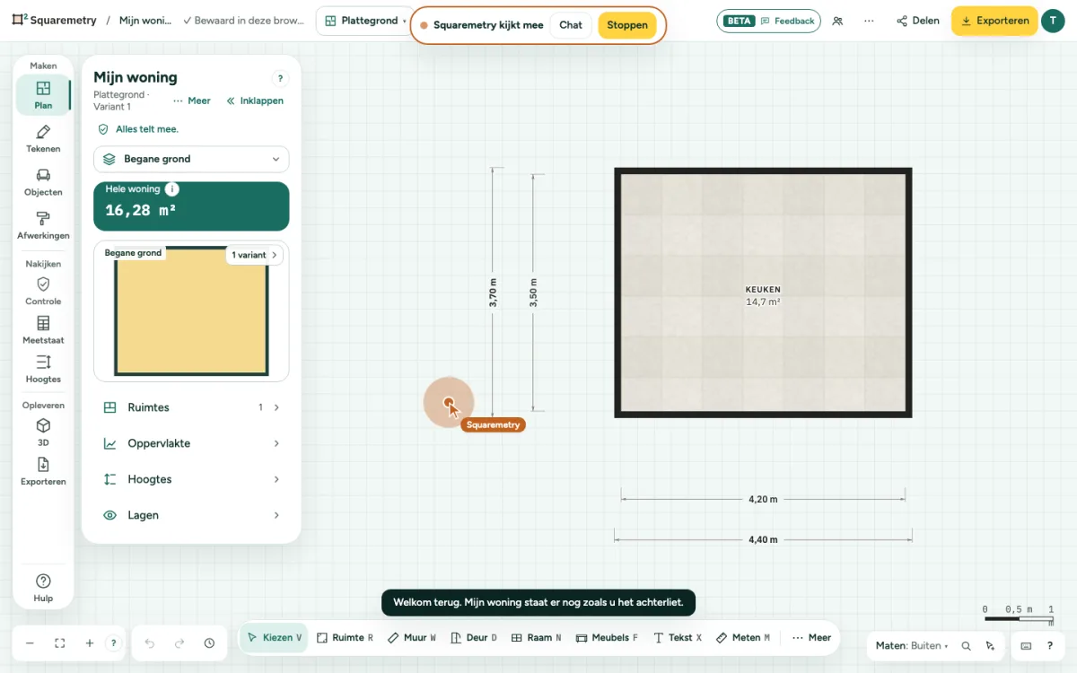 Het plan met de balk Squaremetry kijkt mee, onze aanwijzer met het label Squaremetry en een pulserende stip.