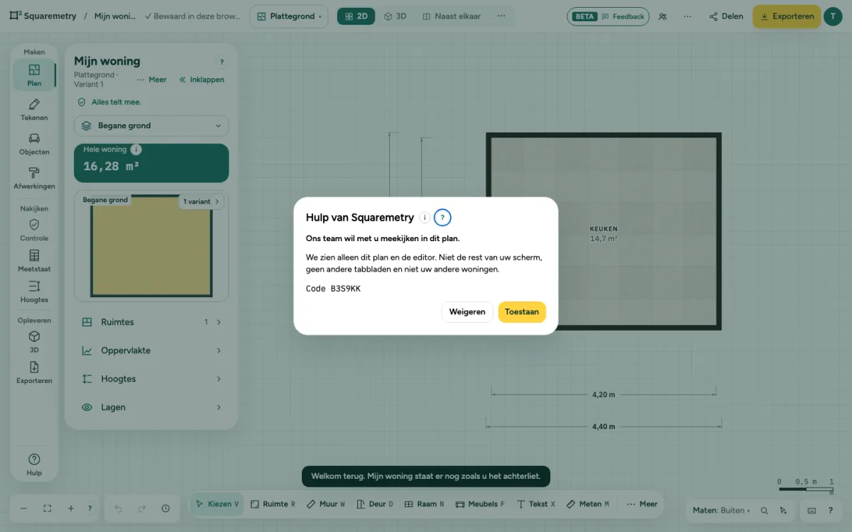 De vraag Hulp van Squaremetry in de editor, met wat wij zien, de code en de knoppen Weigeren en Toestaan.