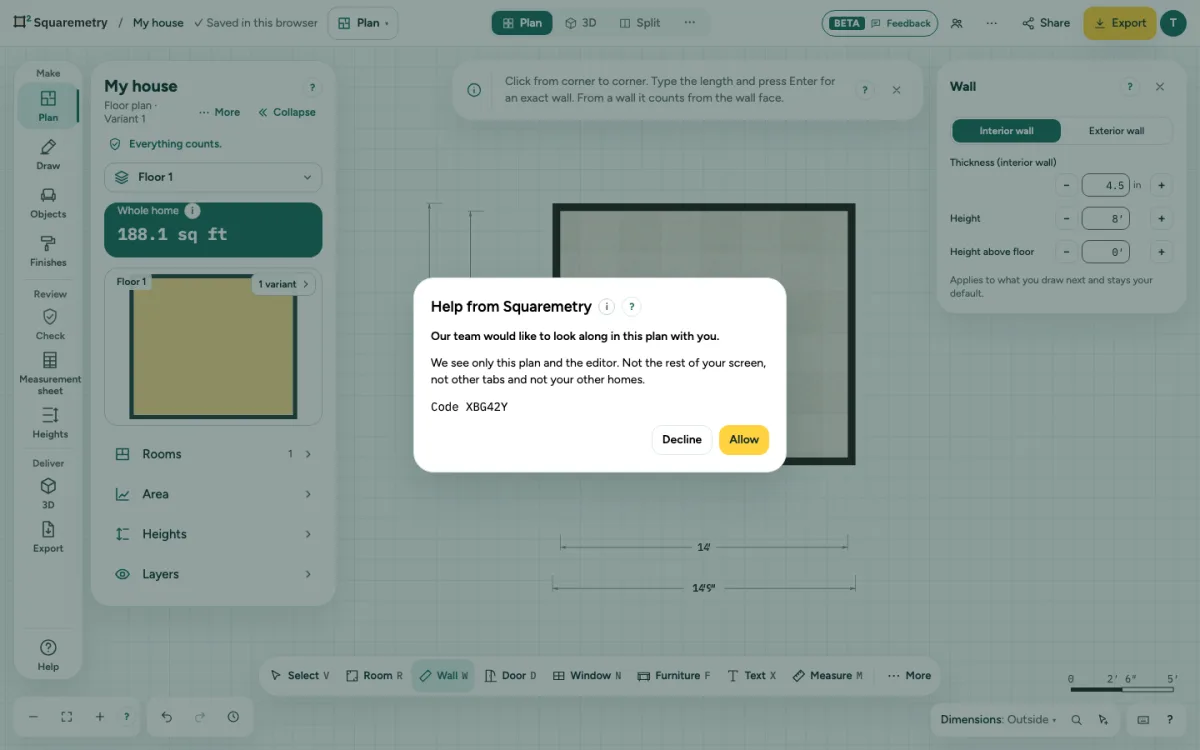 The question Help from Squaremetry in the editor, with what we see, the code and the buttons Decline and Allow.
