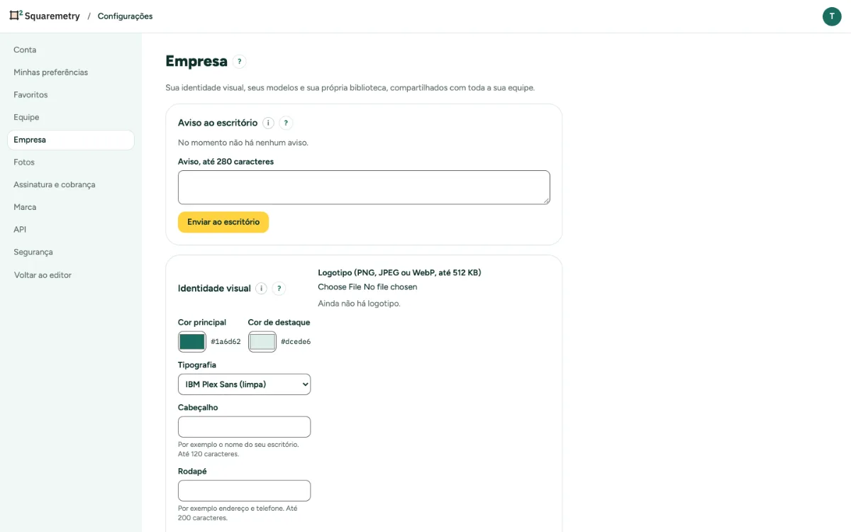 Configurações, Escritório, com o aviso ao escritório, a identidade visual e os modelos.