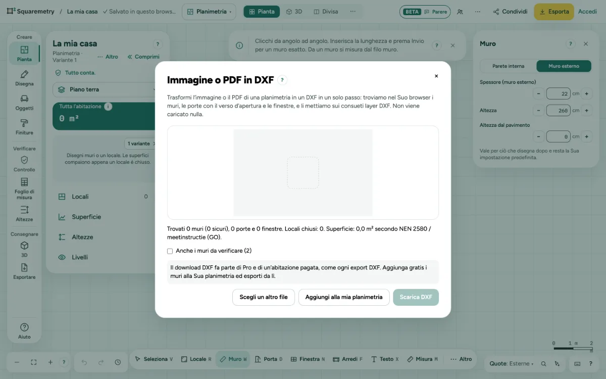 Da immagine o PDF a DXF: i muri, le porte e le finestre trovati nell’immagine di una planimetria, con Scarica DXF e Aggiungi alla mia planimetria.
