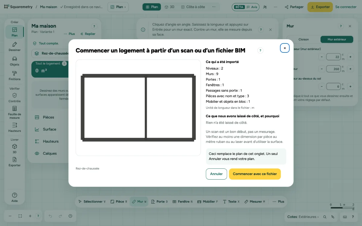 La fenêtre pour démarrer un logement depuis un scan ou un fichier BIM, avec ce qui a été importé et ce que nous avons laissé de côté.